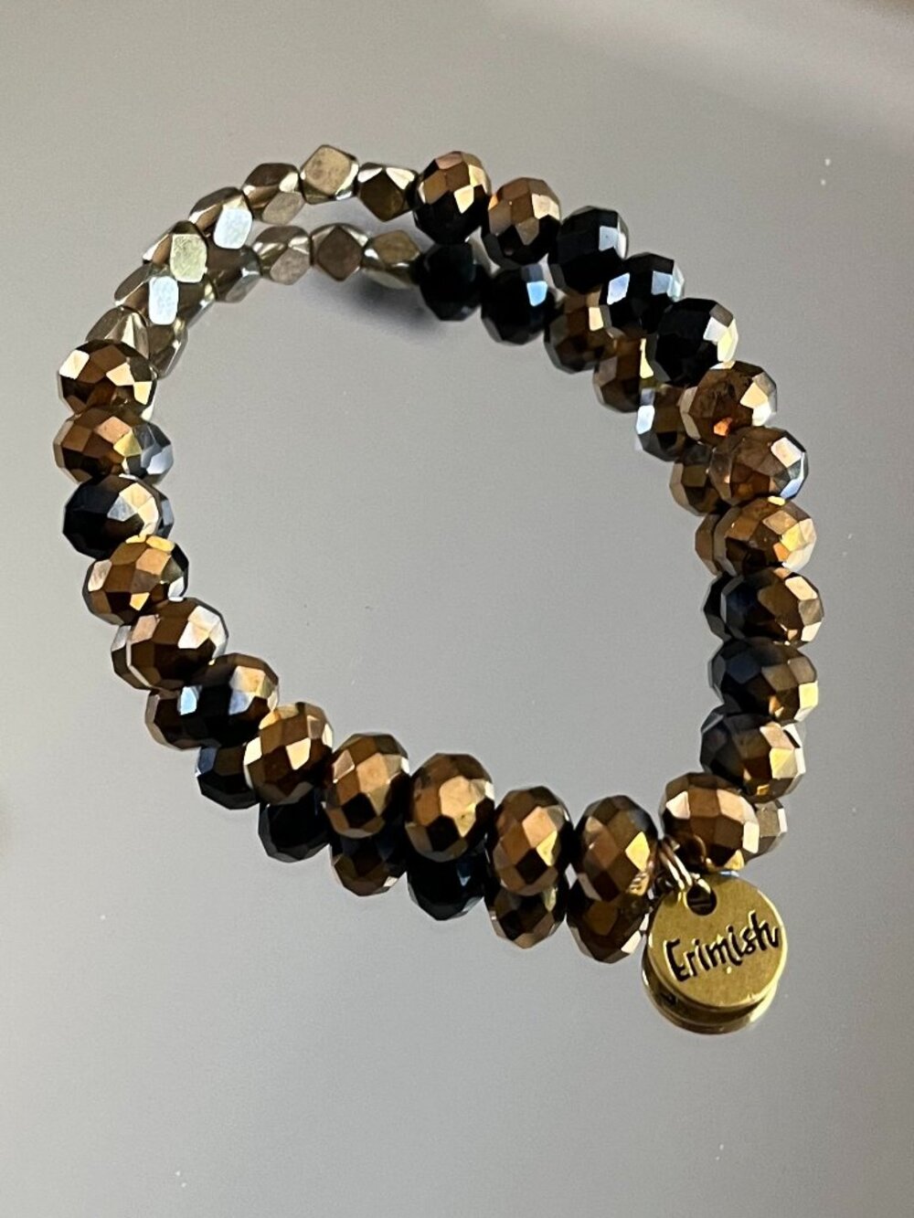 Erimish Faceted Coppertones Beaded Bracelet Logo Tag Stackable Stretch
